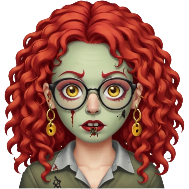 zombie with long red curly hair, thick lashes, black glasses, gold nose piercings on each side of her nose, and a gold eyebrow piercing. emoji