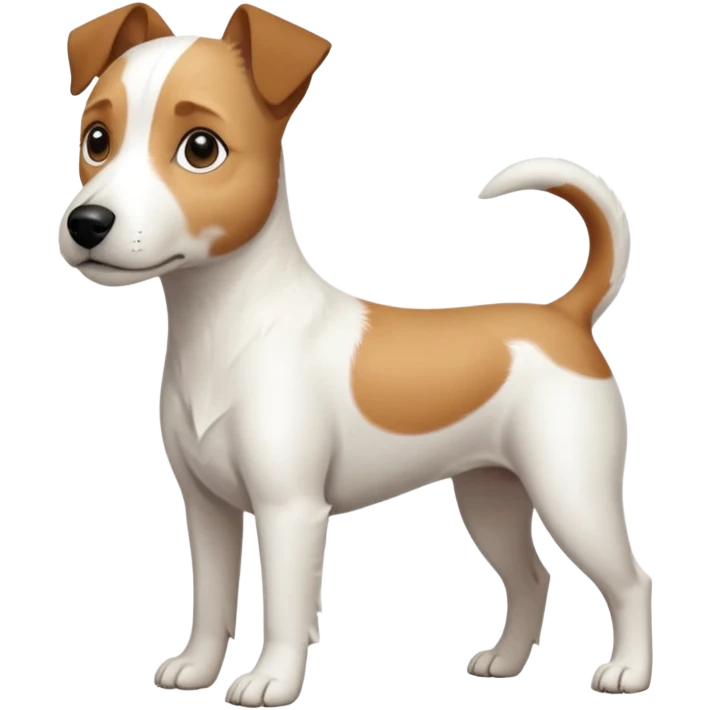 a full body slightly chubby white parson russell terrier looking dog the size of a kelpie with light brown long ears and a light brown patch on one eye and a large snout. the rest of the dog is completely white emoji