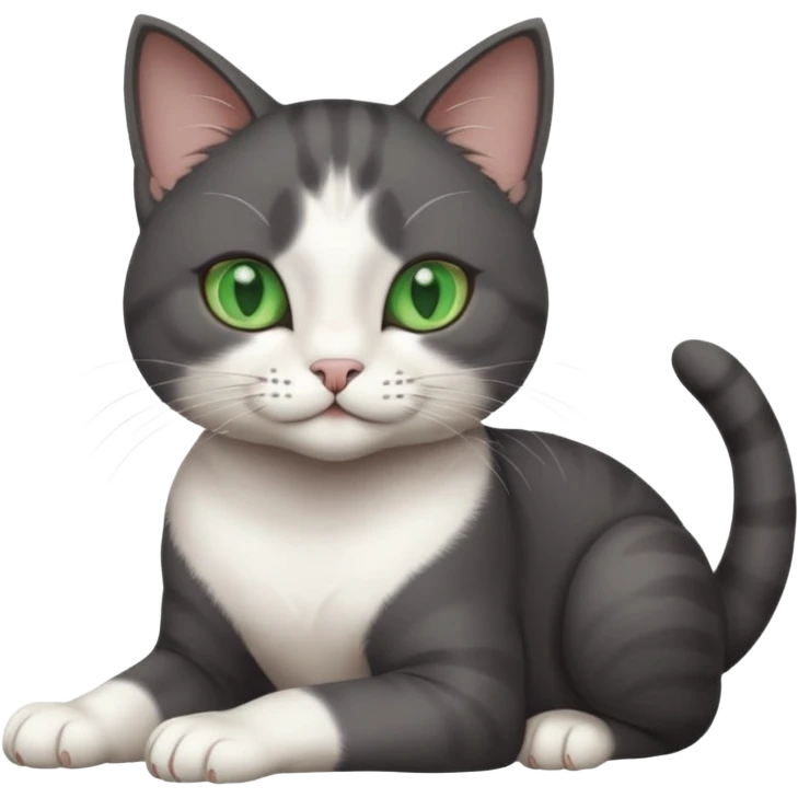 beautiful female solid dark grey cat with green eyes, white toes/paws and white patch on her chest rolling over emoji
