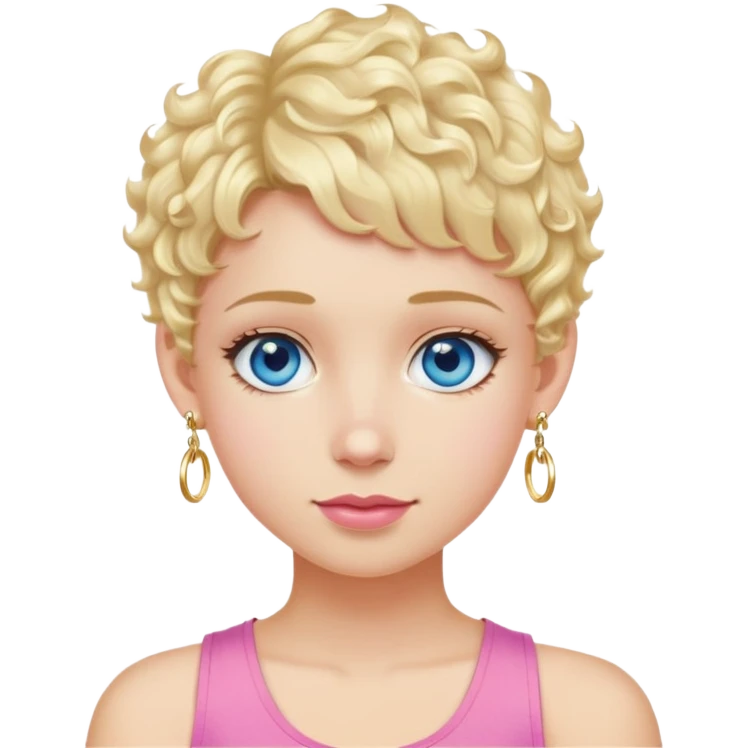 Girl with light blonde pixie cut hair, curly, pink tank top, dangly gold earrings, blue eyes emoji