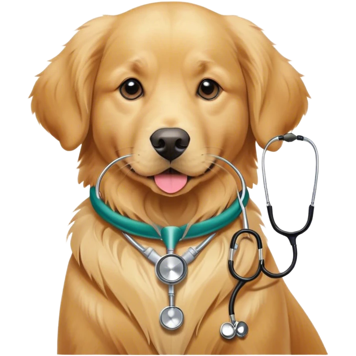 Un perro Golden llamado Dolar con una correa o algo que lo represente que es la mascota de la veterinaria Animal Fashion, puede tener un estetoscopio colgando del cuello emoji