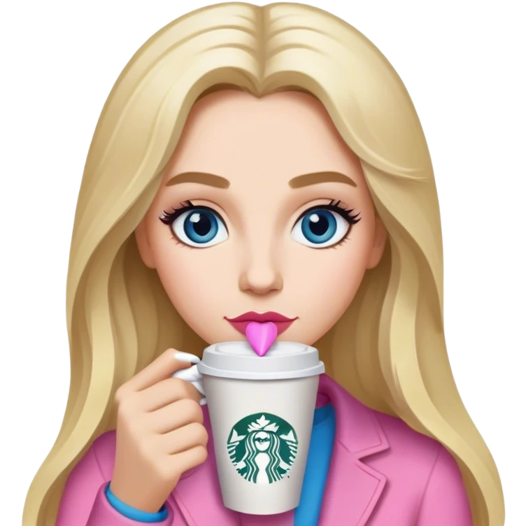 Long blonde grey highlighted with blue gray eyes sipping one Starbucks coffee. She has bushy eyebrows and pink lips  emoji