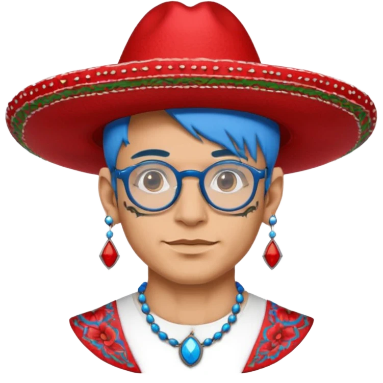 unique looking tourist with big unique red tourist sombrero and earrings, man with lots of tattoes and spectacles, blue hair showing emoji