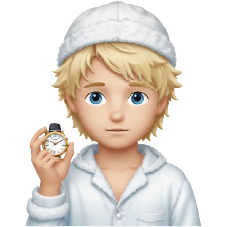Create a look for a blond boy with long, tousled hair, light eyes, a white sweater, a wealthy appearance, blue eyes, and accessories like a Rolex or Cartier watch, and a cute face with messy hair down. blue eyes + + pajama white fluffy + cap fluffy + blush emoji