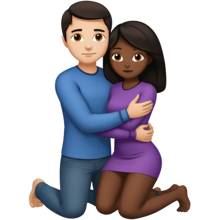 man with dark hair on knees, facing dark haired standing woman, hugging her waist emoji