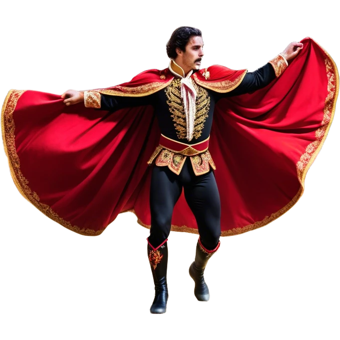 ​Cinematic Realistic Spanish Matador Holding a Red Cape, depicted in mid-action with a vibrant red cape flowing in the wind, dressed in an ornate traje de luces with shimmering details, confronting a charging bull in a dramatic arena, rendered with dynamic motion blur and vivid, high-contrast lighting, emoji