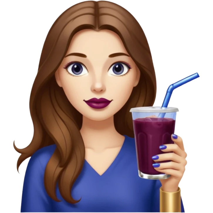 girl with long brown hair, wine lipstick, gold nail polish, drinking a blueberry butter pecan iced coffee with a metallic straw  emoji