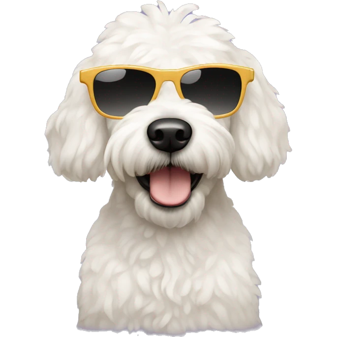 White mini golden doodle with sunglasses emoji
