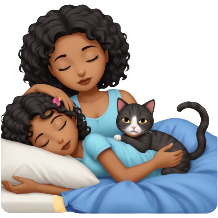 sleeping pretty black wavey hair girl in the bed, her cat is working instead of her emoji