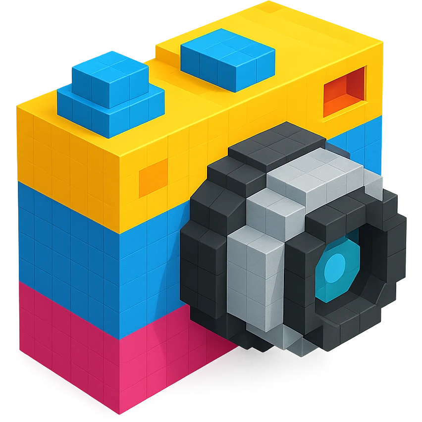 classic design camera in voxel style, isometric view emoji
