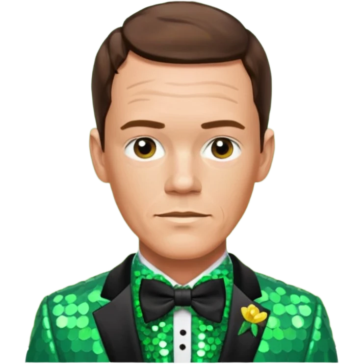 Matthew Lillard with brown hair, light green sequin suit with bow tie emoji