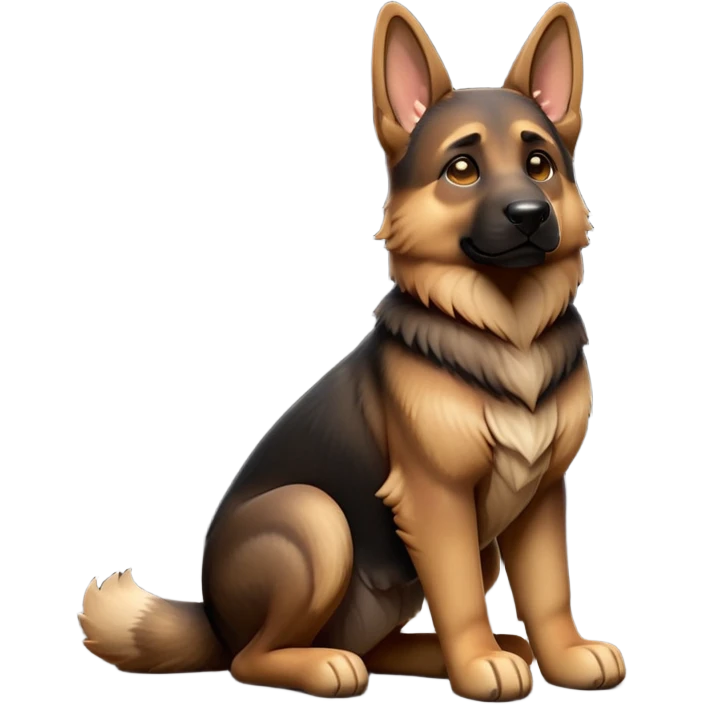 cinematic-[german shepherd]-realistic-full-body-sitting-emoji,-tail-resting-loosely-beside-its-paws,-head-tilted-dramatically,-sleek-[brown and black]-fur,-simplified-yet-realistic-focused-features,-highly-detailed,-glowing-with-an-almost-sarcastic-glow emoji