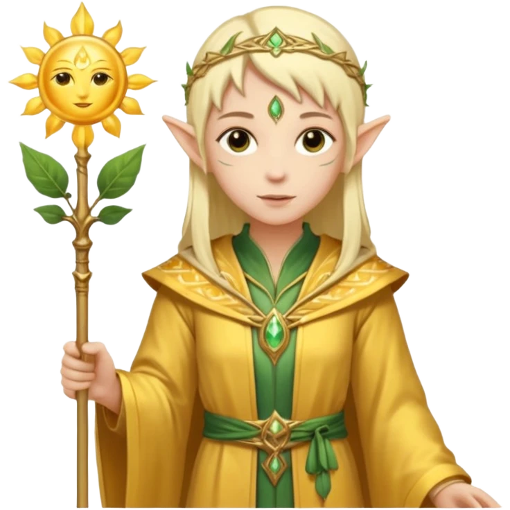 {
      "type": "human",
      "look": "light elf healer, golden robe, staff with leaf and sun motif",
      "description": "a light elf healer wearing a golden robe and holding a staff with leaf and sun symbols"
    } emoji