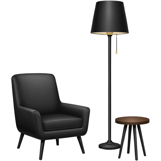 Minimalistic flat vector icon, iOS style, thin black contour on white background. Floor lamp and chair next to a framed picture on wall. Clean, no text, no shadows emoji