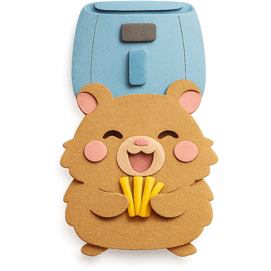 chibi air fryer-hamster hybrid, fluffy, holding tiny crispy fries, excited face, soft brown, full-body emoji