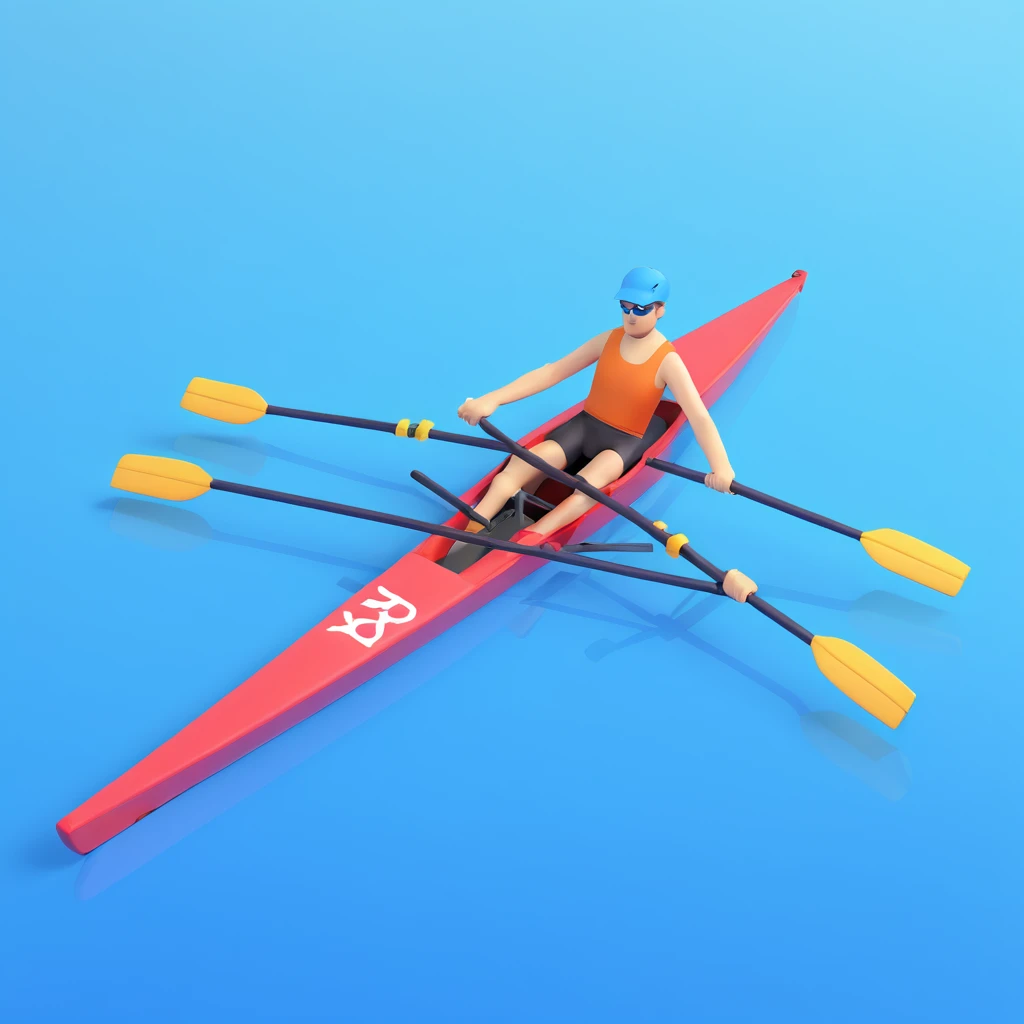 top-down view of a professional racing single Olympic rowing boat with a rower, minimal sea effect underneath emoji