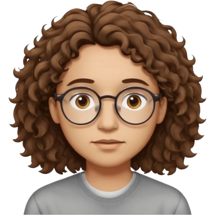Slim, slightly oval face, light skin.
Medium-length brown wavy/curly hair, slightly messy.
Brown eyes, round eyeglasses.
Soft, calm expression.
No beard or very light stubble.
Minimal, high-quality style, not cartoonish.
Neutral background, soft lighting. emoji