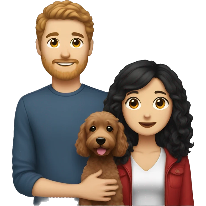 guy with brown hair and asian girl with long black hair holding red goldendoodle emoji
