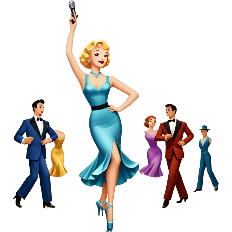 Vintage movie poster-style icon for a musical film. The cityscape glows in the background, evoking the golden era of musicals. A vibrant street scene with bright lights, dancers mid-step, a singer with a microphone among the skyscrapers. Transparent background. emoji