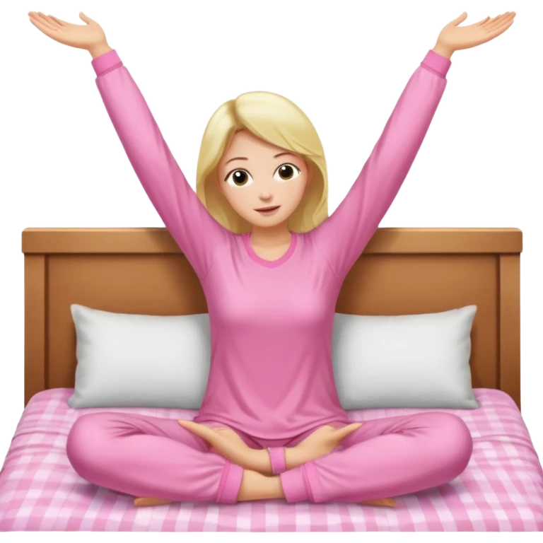 {
      "type": "human",
      "look": "pink pyjama lady, long sleeves, stretching arms",
      "description": "a woman in pink pyjamas stretching her arms after waking up"
    } emoji
