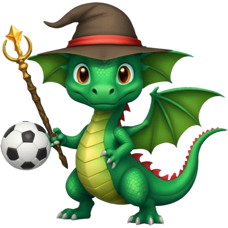 ein Drache mit einem Zauberstab in der Hand  und einen Hud  auf dem kopf,ein Fussball in der anderen hand emoji
