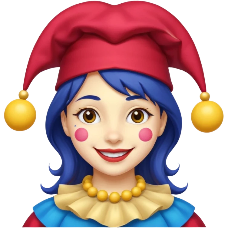 Girl with red and blue jester hat with yellow balls on the ends of the jester hat smiling with rosy cheeks and dark hair emoji