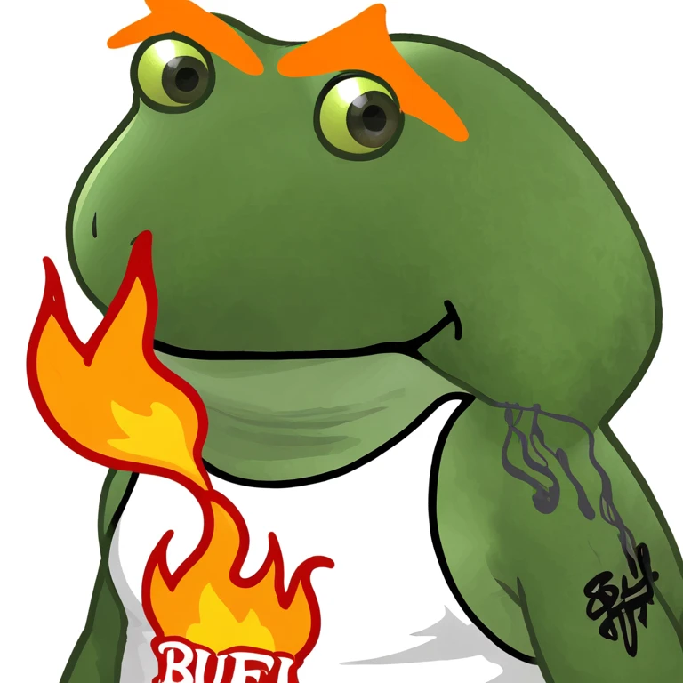 bold rebellious frog character in streetwear pose with the word 'BUFU' in flaming letters above or behind it, urban graffiti-inspired style, vibrant colors, dynamic energy emoji