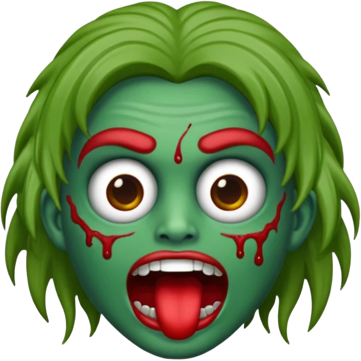 emoji de zumbi estilo WhatsApp, cabeça verde, cabelo cacheado vermelho volumoso, olhos brancos brilhando, expressão divertida e assustadora, cartoon, linhas limpas, fundo transparente, qualidade alta emoji