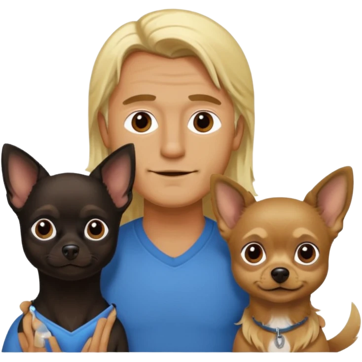 Hombre con pelo largo rubio su pareja chica de pelo castaño oscuro y un chihuahua negro emoji