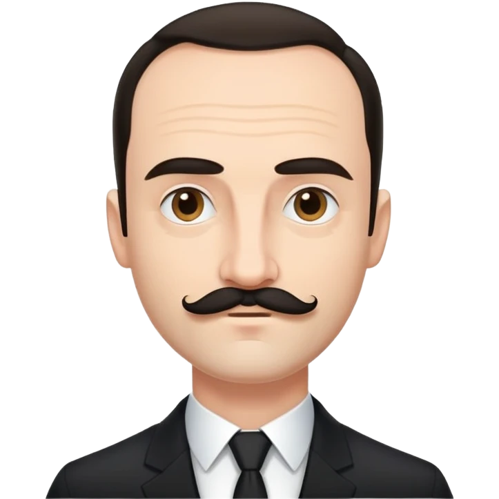 Man in black suit with a very small black moustache. His hairline goes straight from left to right. He doesn’t wear a hat emoji