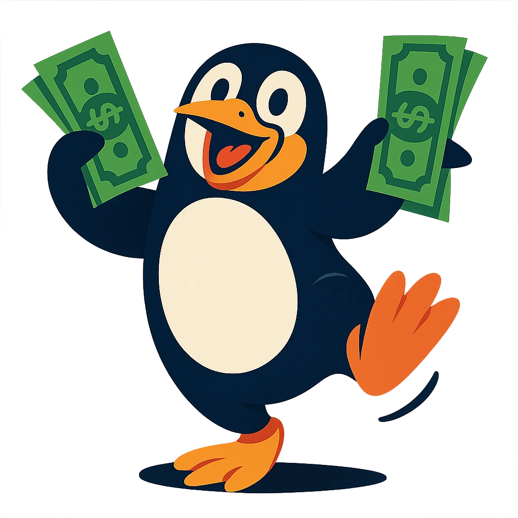 a dancing penguin holding money, fun and lively style emoji