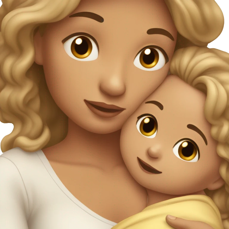 light Tan girl with long wavy hair and hazel eyes holding newborn baby boy in arms  emoji