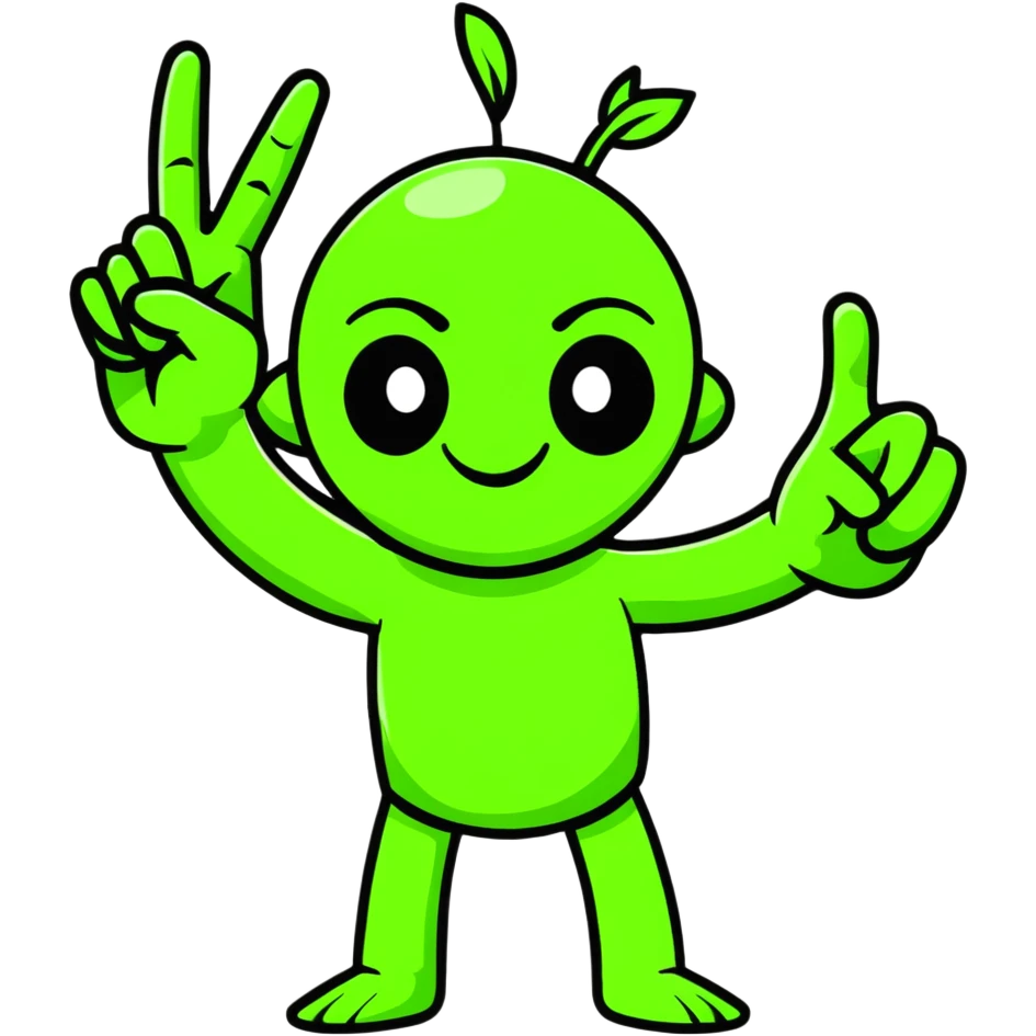 Hilarious green mutant with three arms making peace signs emoji