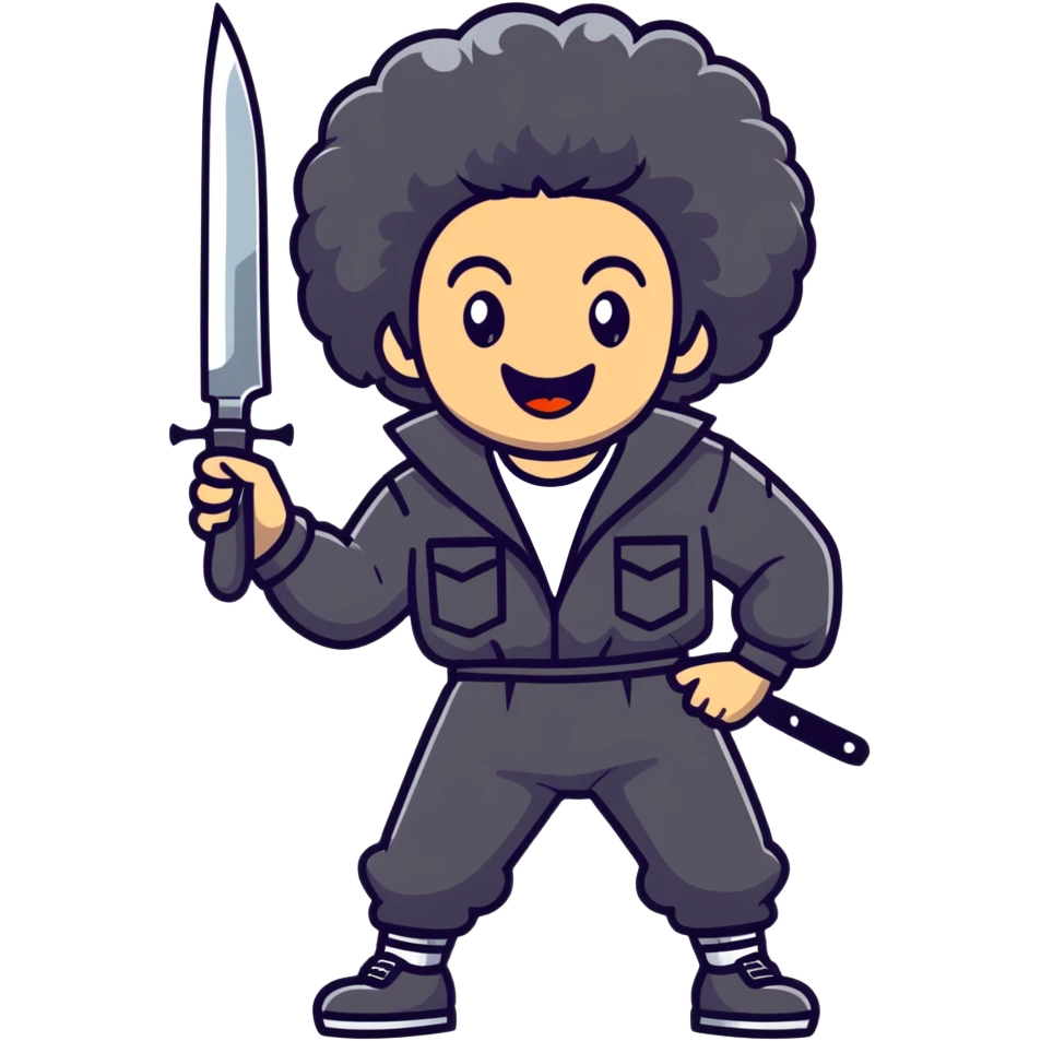 wild savage person in 1988 retro outfit with big hair, holding knife, evil laughing expression emoji