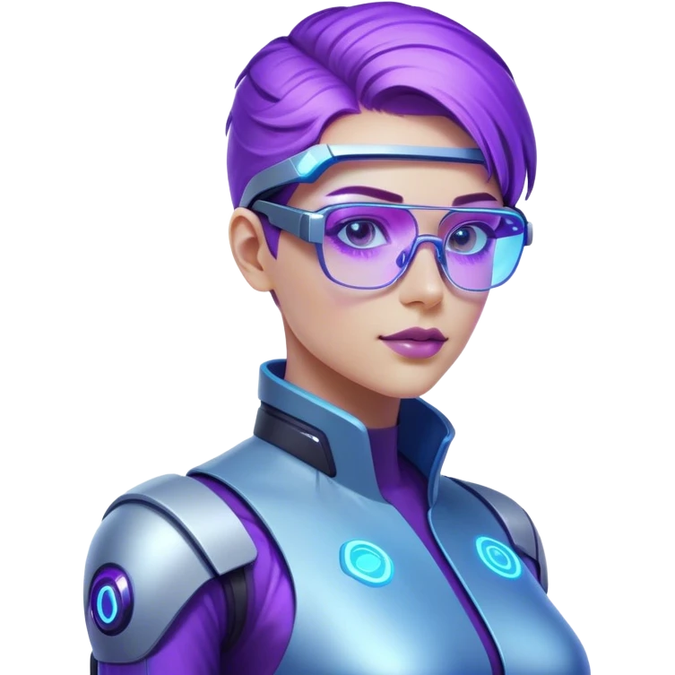 A futuristic cyberpunk human expert, half-human, half-digital, working on a glowing holographic interface, wearing high-tech glasses, with neon blue and purple lighting emoji