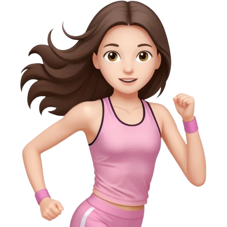 white happy brunette teen long hair with hazel eyes in light pink workout clothes jogging through fiish line emoji