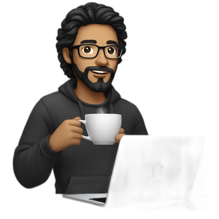 Designer with black hair, beard and glasses working with MacBook and drinking cappuccino  emoji