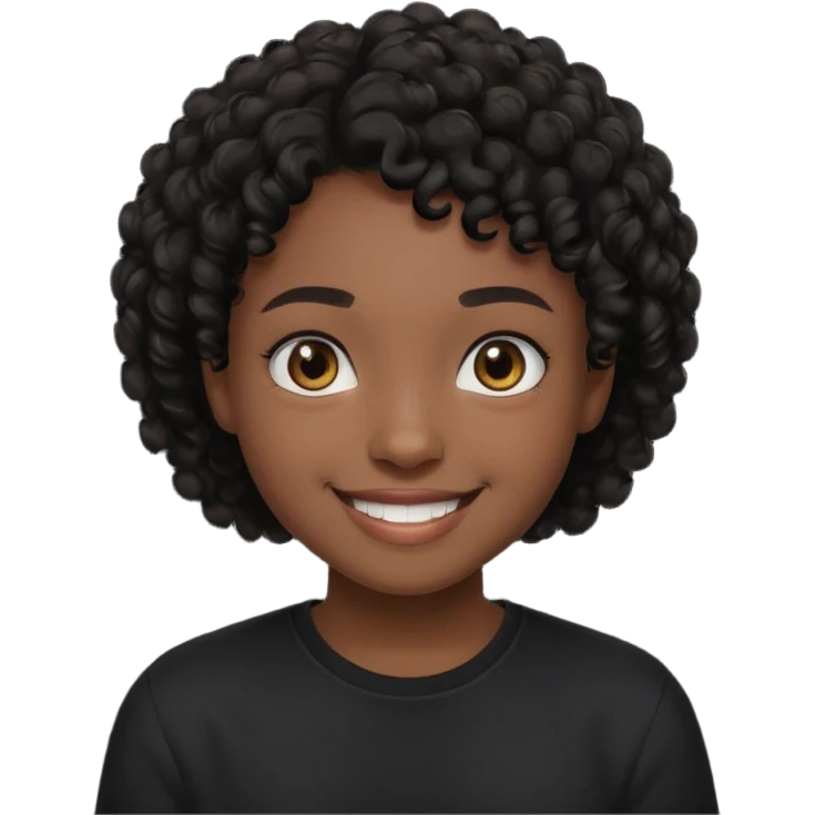 Un adolecente con camisa negra, pelo rizad, corto negro y de color moreno sonriendo emoji