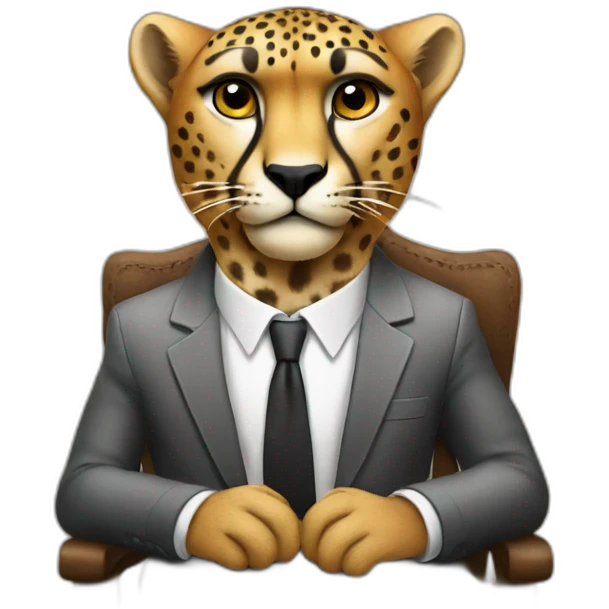 A cheetah wearing a suit looking straight while sitting in a chair emoji