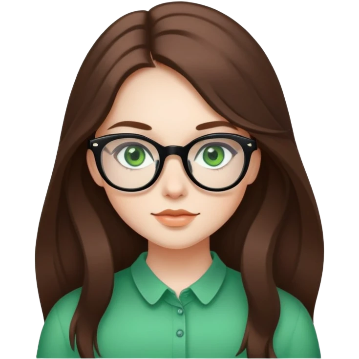 Girl with long brown hair, bright green eyes and thick-framed black glasses. Delicate and harmonious features. emoji