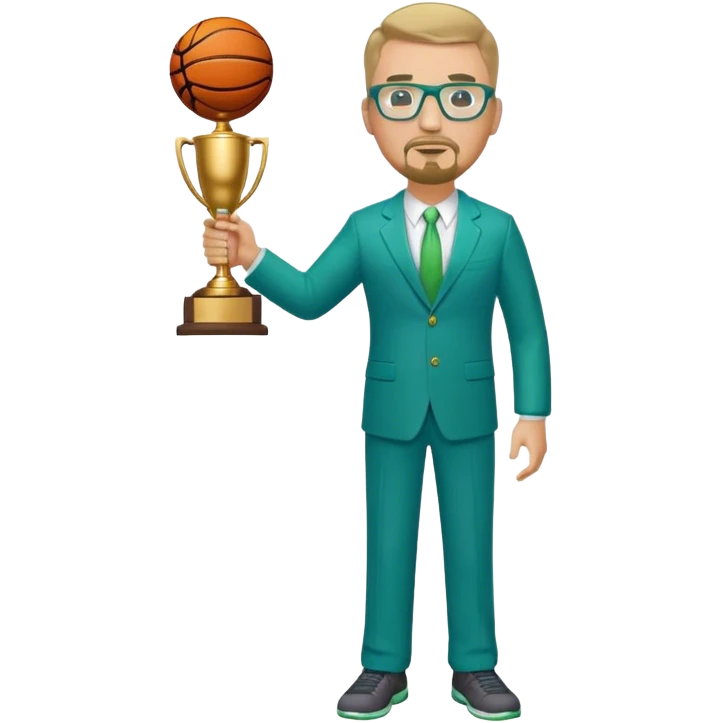 Full Body  heavy white man wearing glasses with a goatee with dirty blond very short hair basketball head Coach in blue and green suit holding trophy emoji