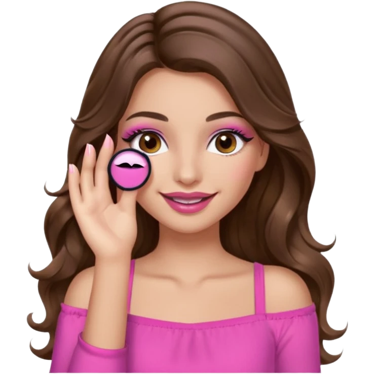 girl with long wavy brown hair, brown eyes, long lashes makeup, sexy pink lips, light to medium complexion, pink sexy top, smiling, hand covering eyes emoji