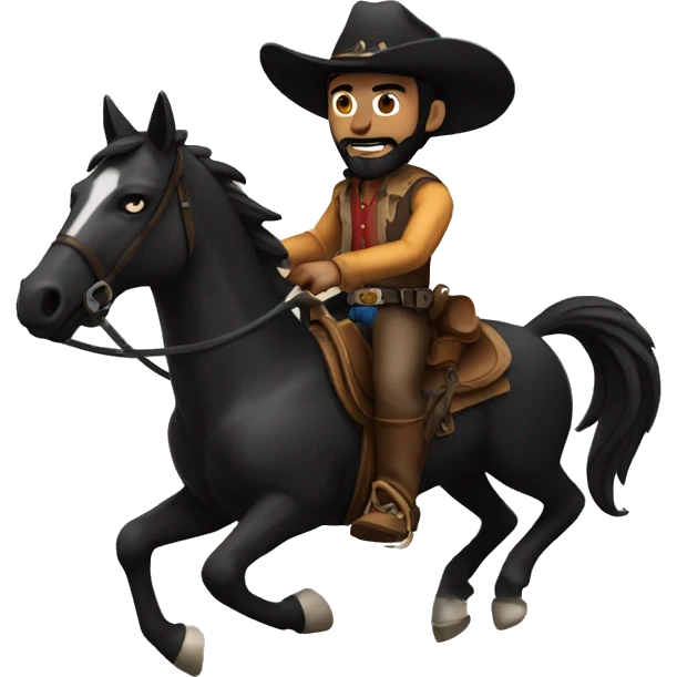 man with black beard and black eyes wearing a cowboy hat riding on his black horse with a shotgun in his hand emoji