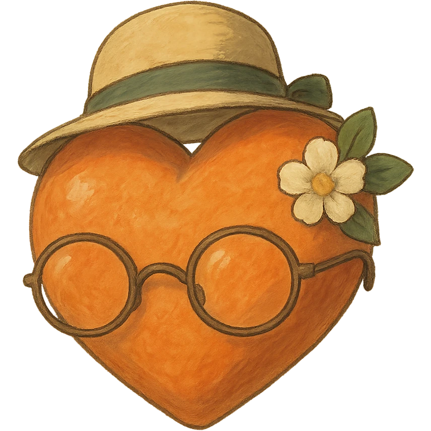 an orange heart with accessories, soft and painterly, ghibli style emoji
