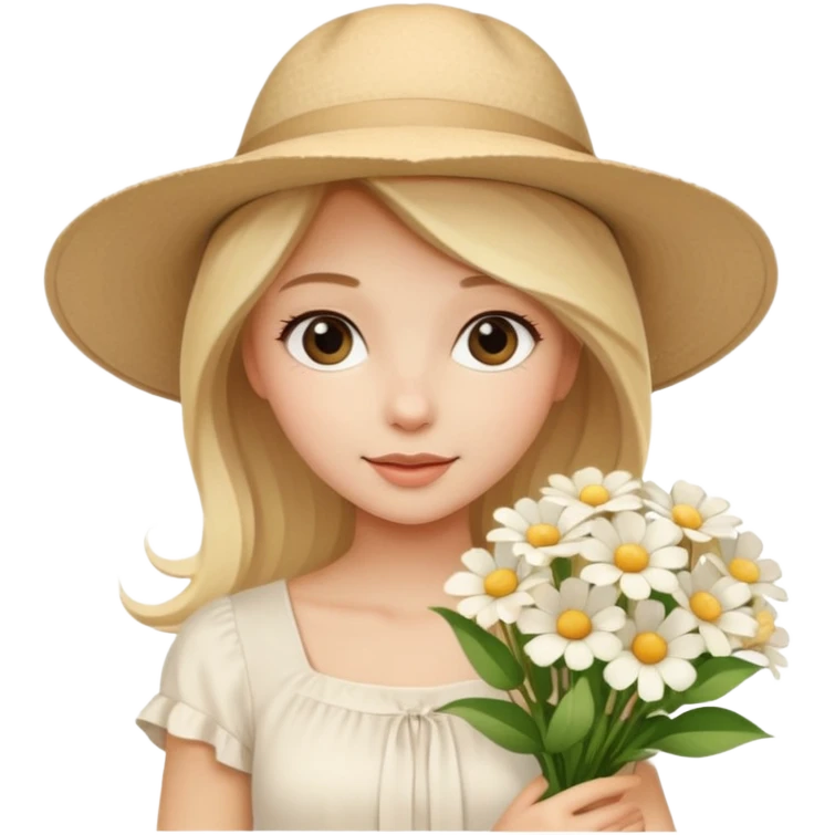 beautiful model blonde girl in a summer beige hat in a beautiful white top with a bouquet of white flowers emoji