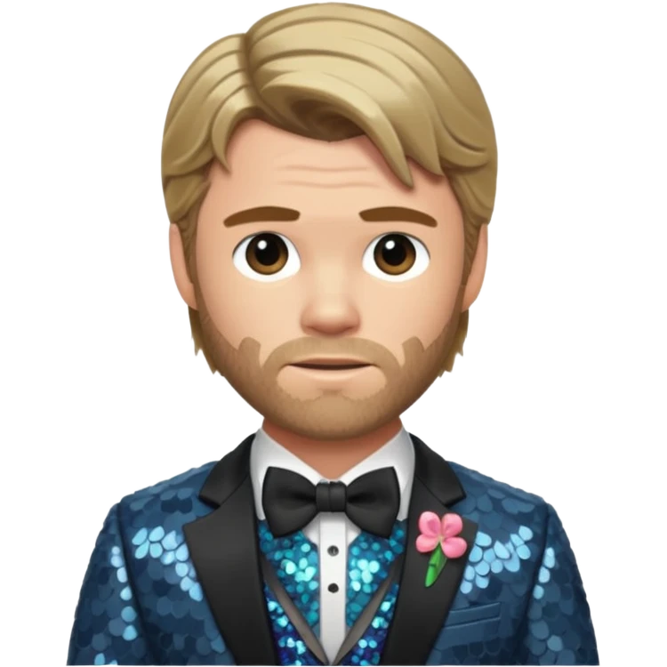 Chris Hemsworth with dark blonde hair, slate sequin suit with bow tie emoji