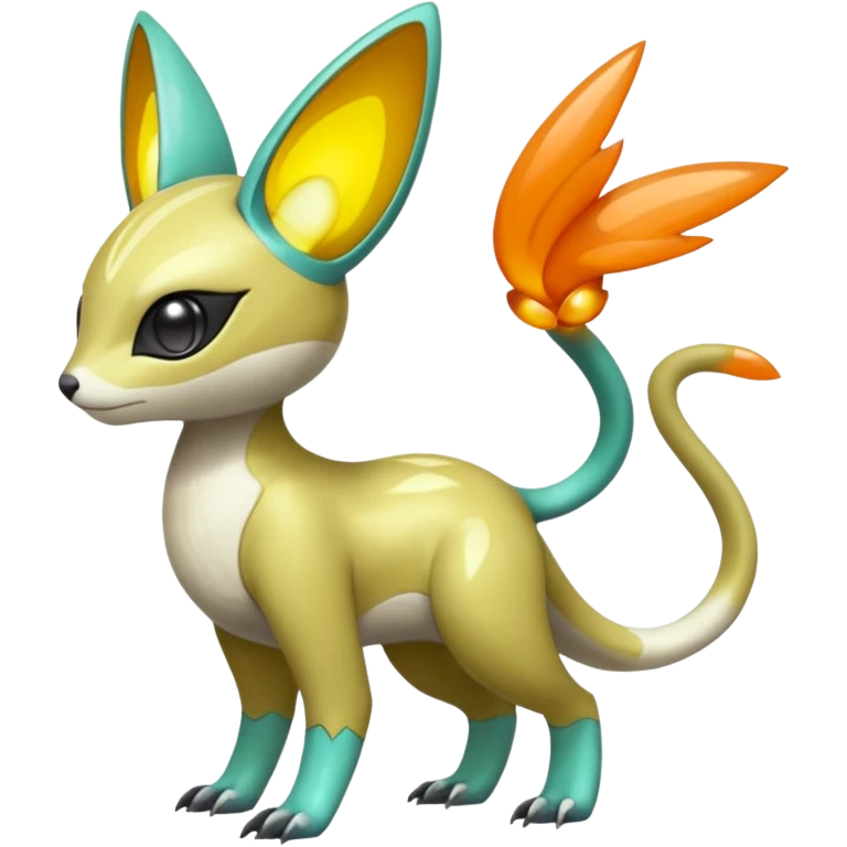 Shiny exotic animalistic feral Colorful glowing glossy smooth soft silky Futuristic Cyber-Vernid-Trico-Meloetta-Latias-Koraidon-Peppercat-Protogen-Pokémon-Digimon-Fakémon-fusion-hybrid-creature emoji