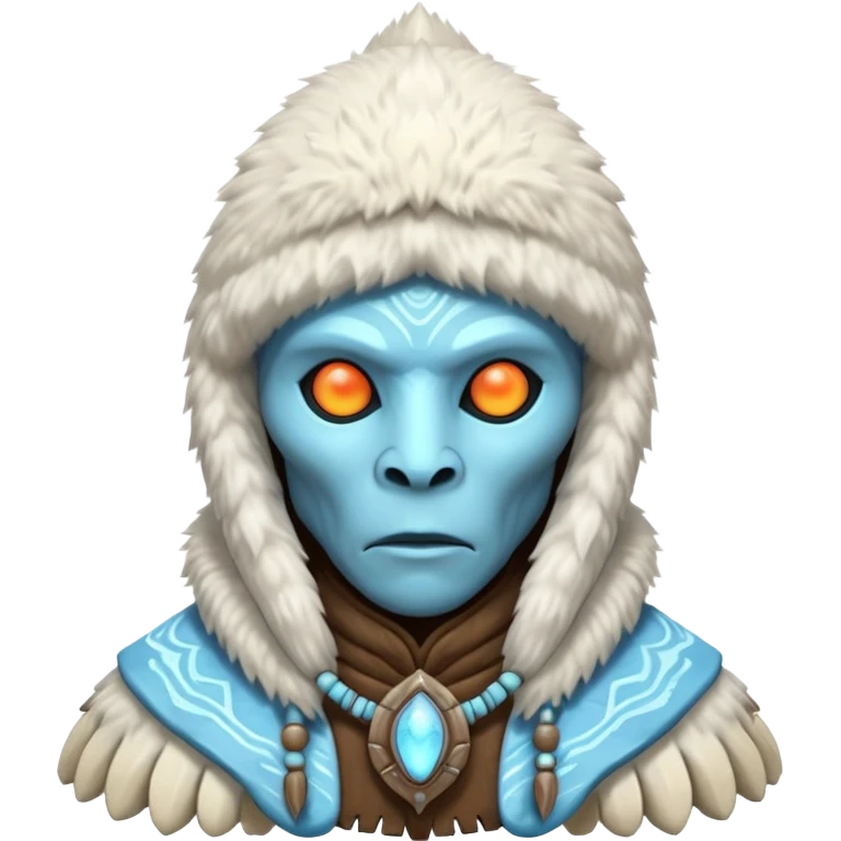 ancient arctic alien shaman portrait, head and shoulders only, Inuit-inspired fur hood, carved bone ornaments, glowing cosmic eyes, icy alien skin, spiritual sci-fi vibe, 3D cartoon, mobile game icon style, clean background, no text, no watermark


 emoji