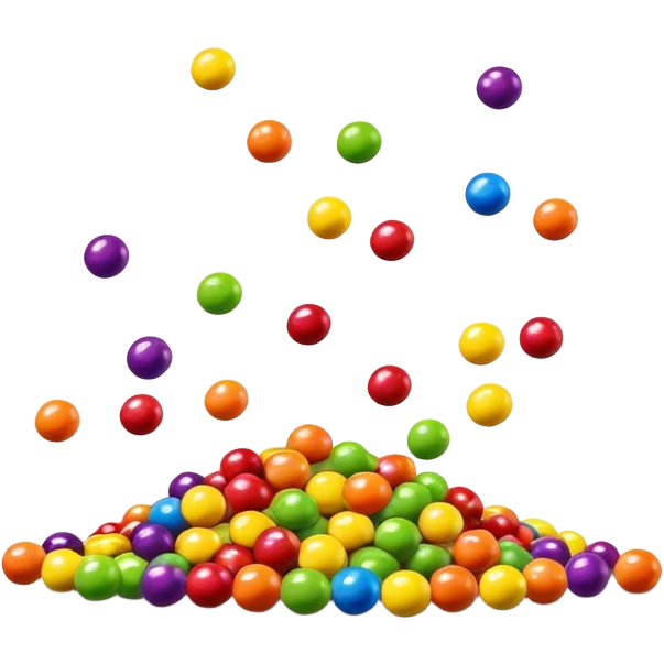 Skittles candy package spilling colorful round candies, rainbow colors emoji