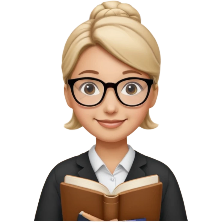 Teacher Look – tidy low bun, black-rim glasses, holding a book.












































 emoji